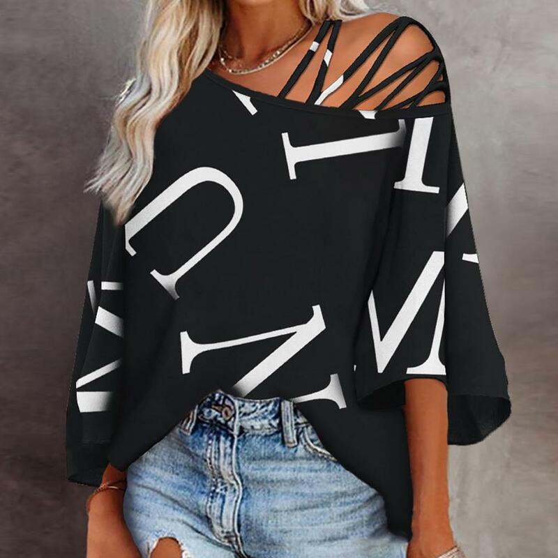Women One Shoulder Top Stylish Women's One Shoulder Hollow Out T-shirt with Letter Print Loose Fit Soft Breathable for Casual