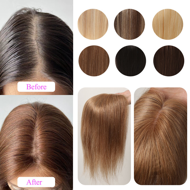Light Brown Human Hair Topper Middle Part Hair Pieces Toupee Hair for Women Afro Hair Loss Silk Base Top Remy Human Hair Toppers