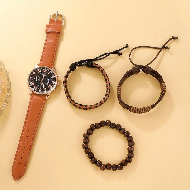 4 шт./комплект, мужские кварцевые часы с кожаным ремешком