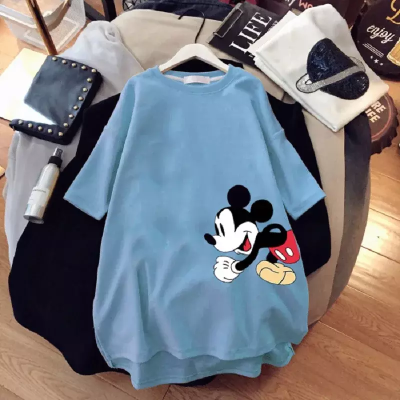Disney Mickey Mouse koszulka letnia kreskówka średniej długości koszulka z krótkim rękawem damska nowy Mickey luźny duży rozmiar pół rękawa Top