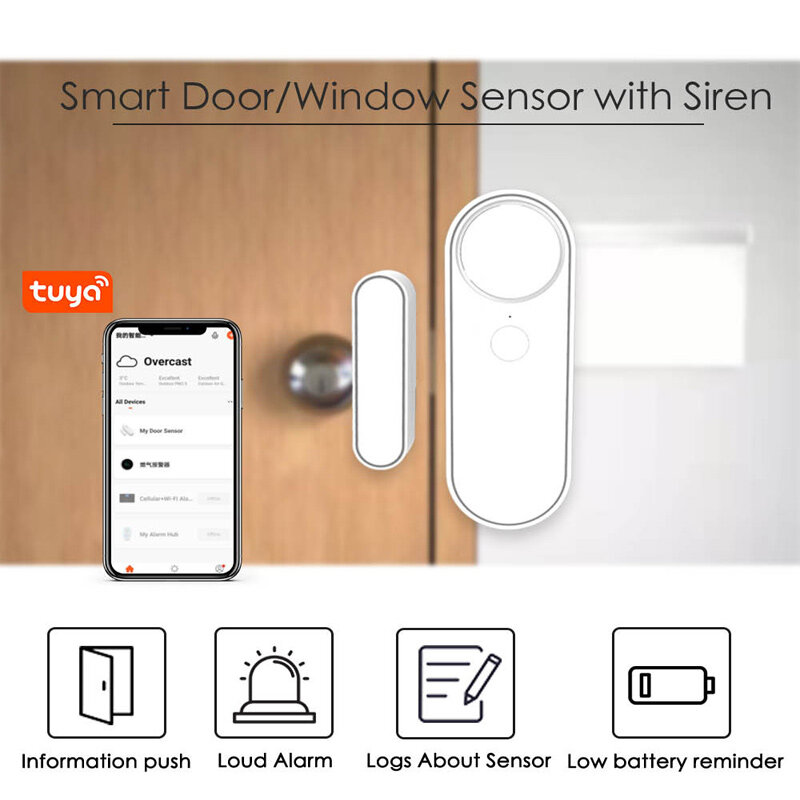 Smart Door and Window Sensor com Sirene, Alarme Anti-roubo Portátil, Interruptor De Som De Campo, Detector Magnético, Controle Inteligente De Voz