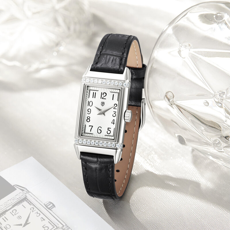 Berny-女性用のクラシックな高級時計,長方形,シルバー,ステンレス鋼,防水,リバーソ,1つのクォーツ腕時計,革ストラップ