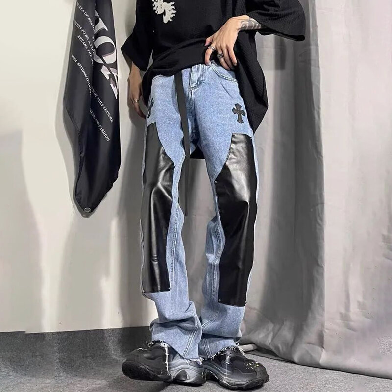 American High Street PU Leather Splicing Jeans di grandi dimensioni pantaloni Casual Hiphop da uomo di marca alla moda pantaloni alla moda stile Harajuku