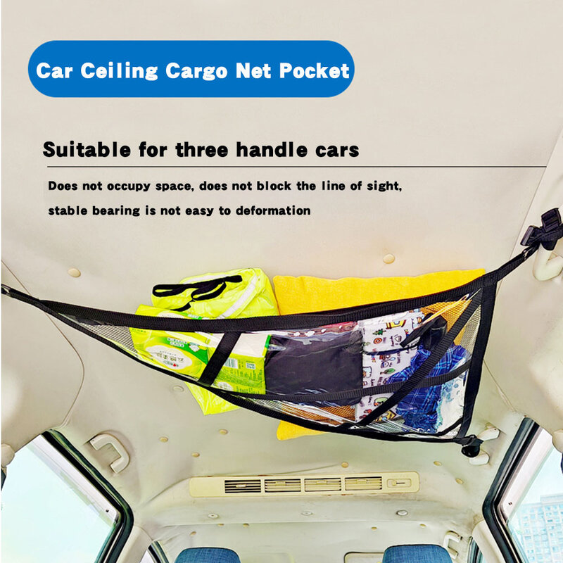 Upgrade Car Ceiling Cargo Net Pocket, Car Roof Storage Organizer,Truck SUV Travel Long Road Trip Camping For 3-handle models