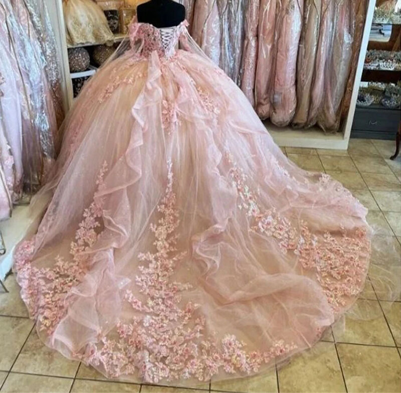 Pink Princess Quinceanera Dresses Ball Gown Long Sleeves Appliques Sweet 16 Dresses 15 Años Custom