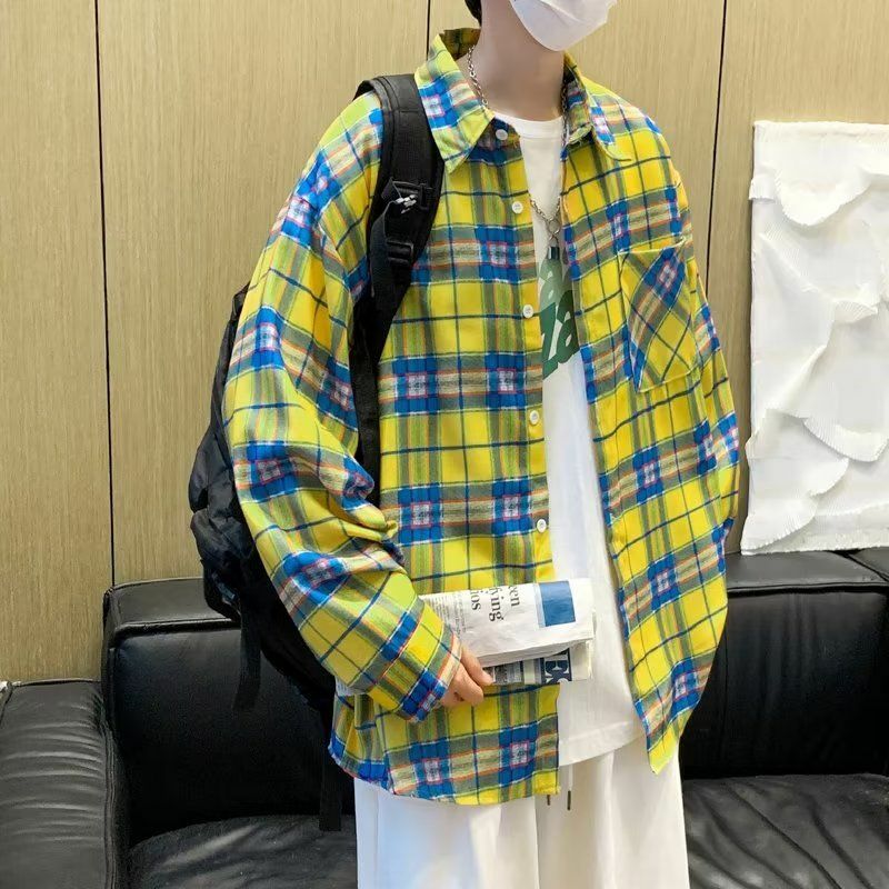 Men Two Piece Sets Streetwear 2023 Summer Spring Plaid Contrast Lapel Long Sleeve Shirt & Pants Korean Fashion Men's Suits X95