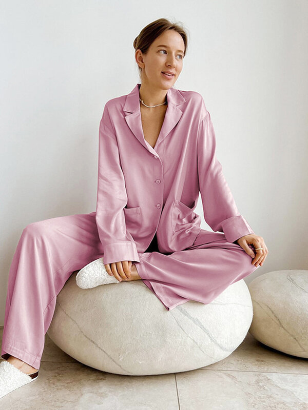 Marthaiqiq-Conjunto de pijamas femininos com gola virada para baixo, terno de pijama feminino, camisolas de manga comprida, calças soltas, sexy, inverno