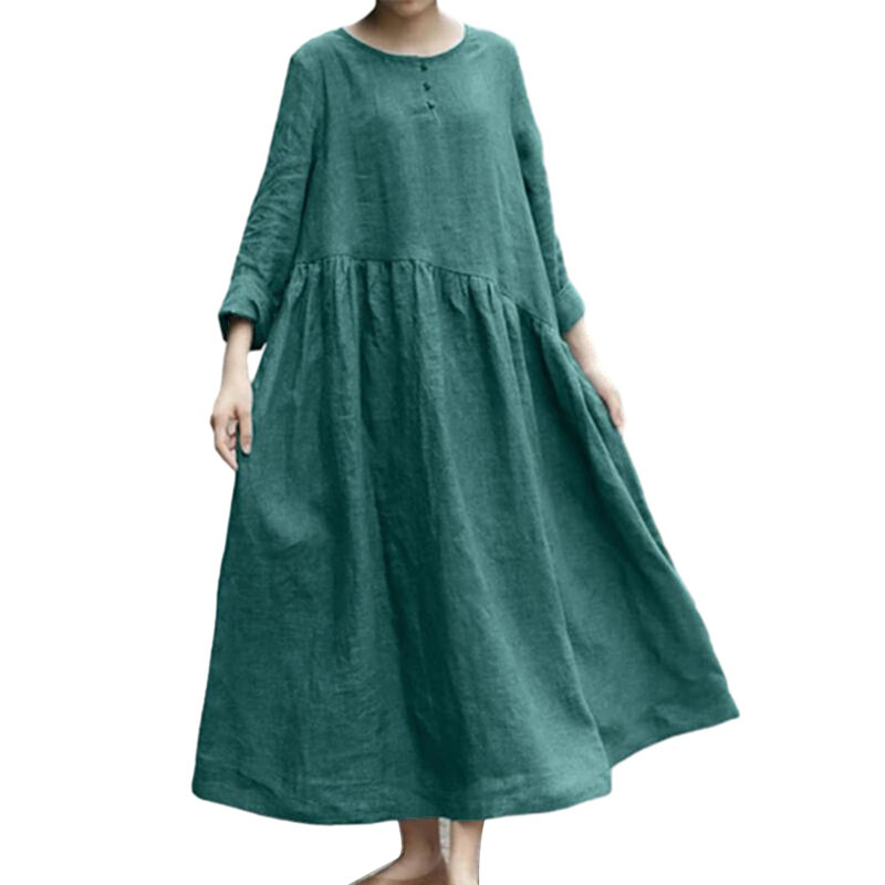 Damen elegantes langes Kleid locker lässig Stil mit Tasche übergroßen Baumwoll Leinen Material m 3xl rot/grün/schwarz