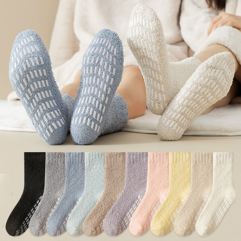 หนาผู้หญิงฤดูหนาวที่อบอุ่นถุงเท้า Pure สีสบายๆเก็บอบอุ่นถุงเท้า Coral Fluffy ฟุตอุ่นถุงน่อง