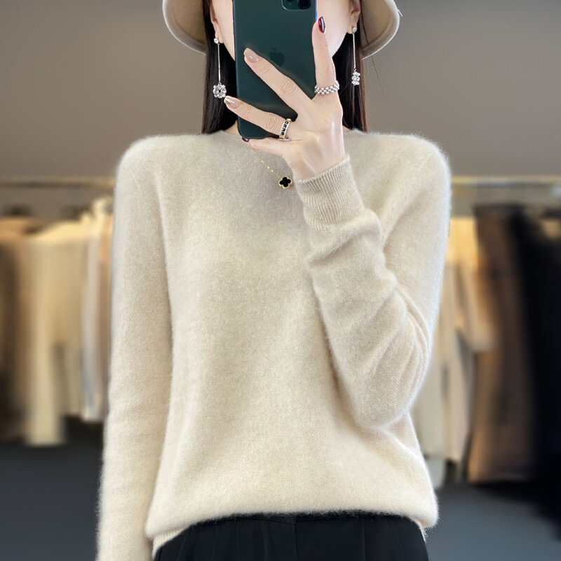 100% 메리노 단색 스웨터 숙녀용, O넥 긴팔, 따뜻한 패션, 루즈한 니트 스웨터, 가을 및 겨울, 신상