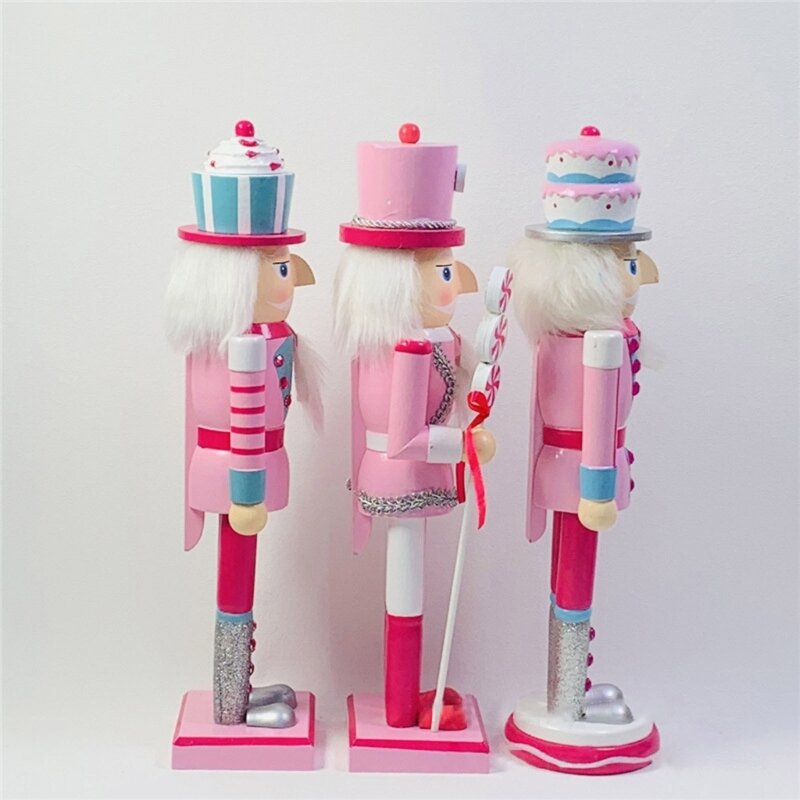 35cm Nutcracker Soldier Figure Wooden Pink Glitter Nutcracker Figurine Toy Christmas Decor for Shelves Tables New Year