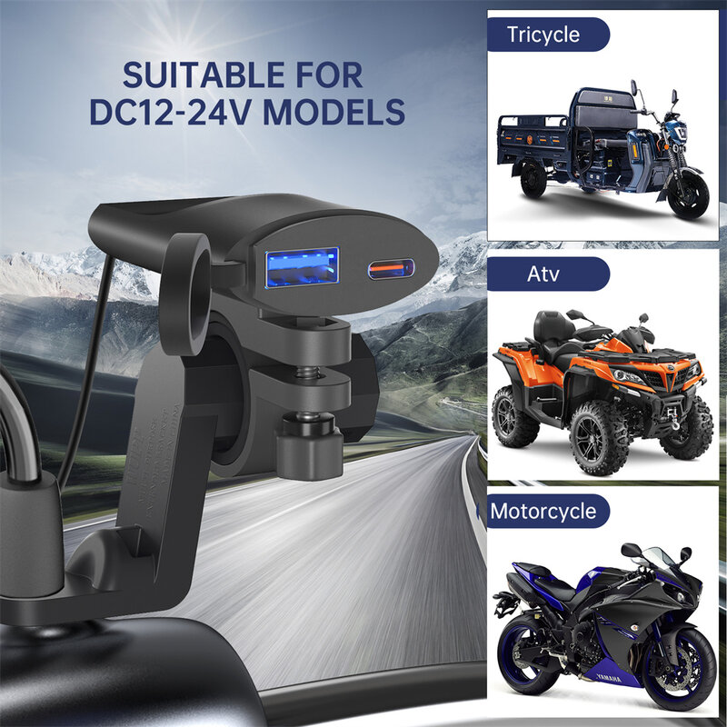 Motocicleta dupla de carregamento rápido ABS para motocicletas, Navegação e GPS, A + C, Celulares e Tablets, Bicicletas de praia, DC 12-24V, 1 Conjunto
