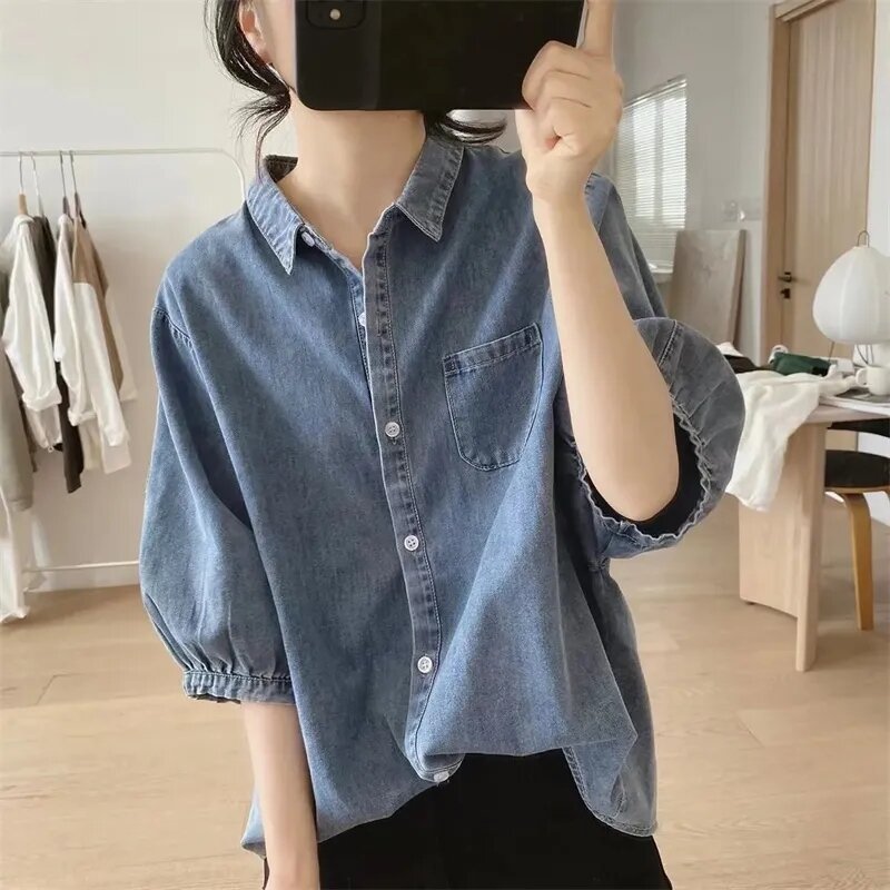 Camisa jeans de manga lanterna feminina, camisa solta e emagrecedora, manga bairro retrô, design minimalista, nova, verão, 2022