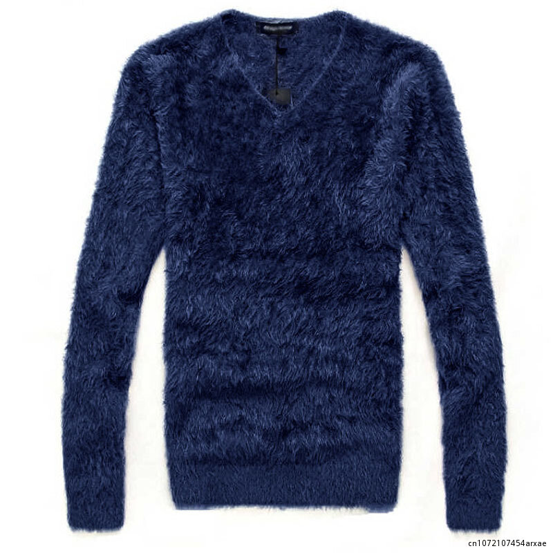 Sweater Pullover pria, pakaian Sweater pria rajut elastis leher V hangat lembut musim gugur musim dingin