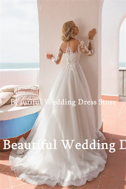 Charming New Wedding Dress O-Neck Long Sleeves Lace Appliques A-Line Tulle Floor-Length Beach Wedding Party Dress 2024 Vestidos
