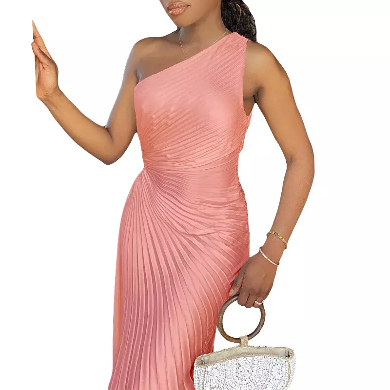 Gaun pesta Afrika untuk wanita elegan musim panas Afrika tanpa lengan poliester oranye hitam merah muda gaun panjang berlipat gaun Maxi
