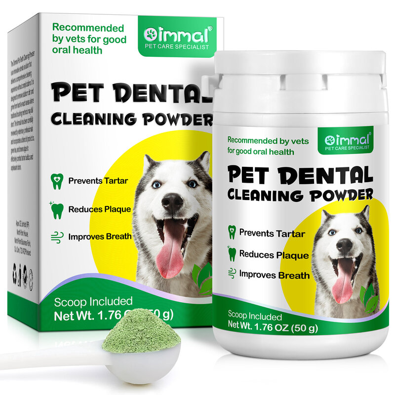 Polvo de limpieza dental para perros de 50g recomendado por veterinarios para una buena salud oral. Reduce la placa, previene el sarro y mejora el aliento