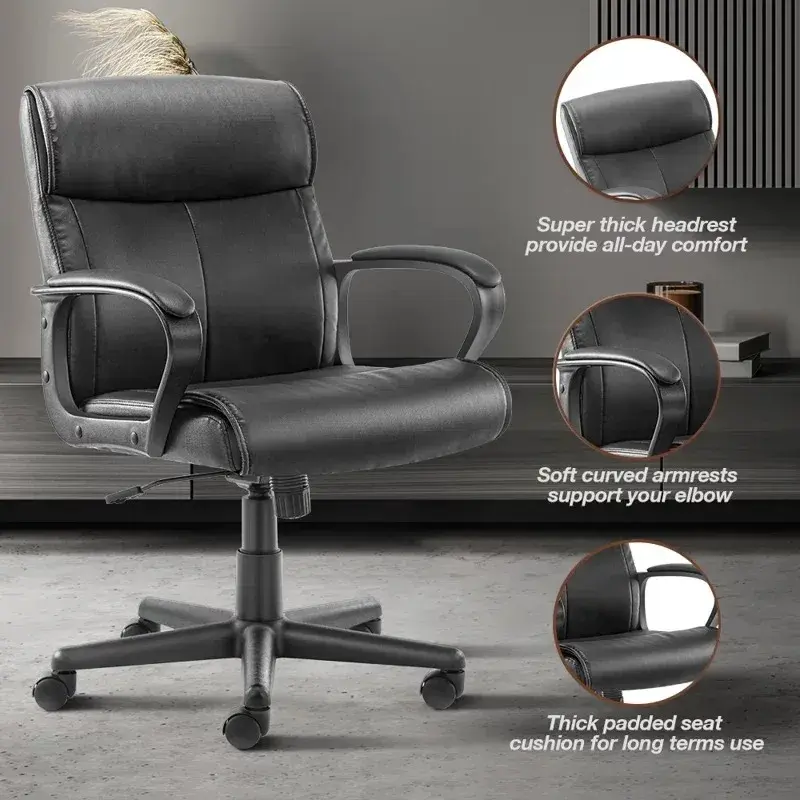 PU Leather Mid-back Office Chair with Fixed Padded Armrests for Adults, Black