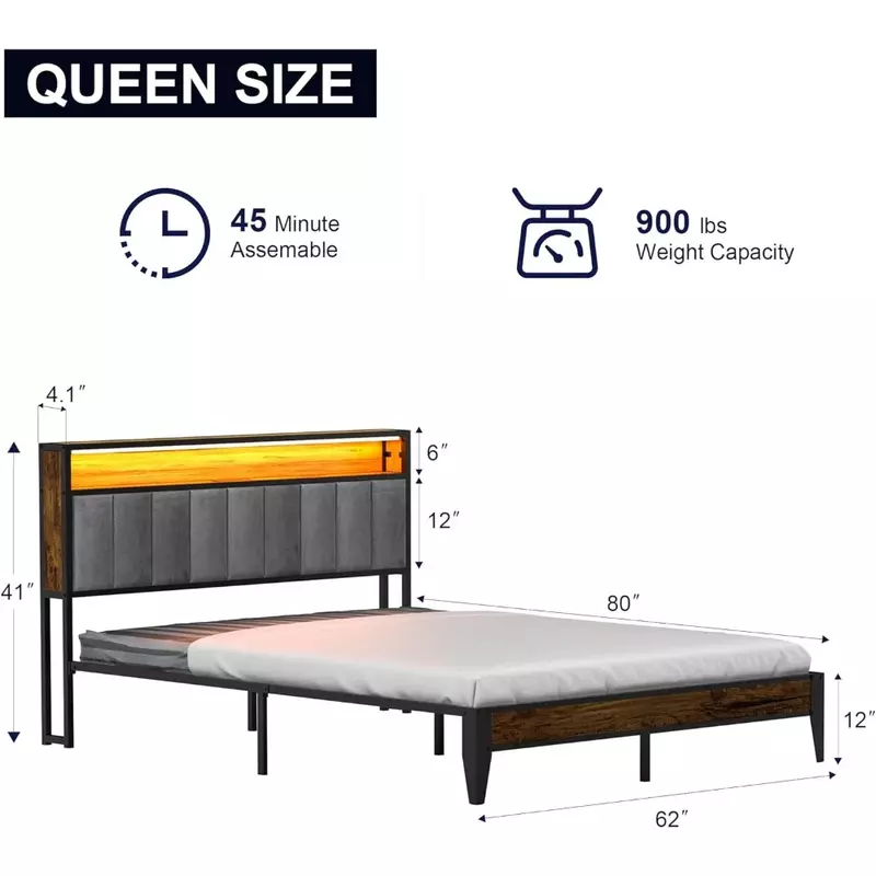 Marco de cama, cabecero con almacenamiento y luces LED, con 3 estaciones de carga, sin resorte de caja, fácil de montar, marco de cama