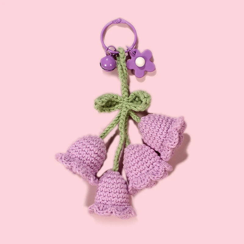Handmade malha chaveiro para mulheres, Fio Crochet Bell orquídea flor saco pingentes, Chaveiro do carro, novo presente de moda