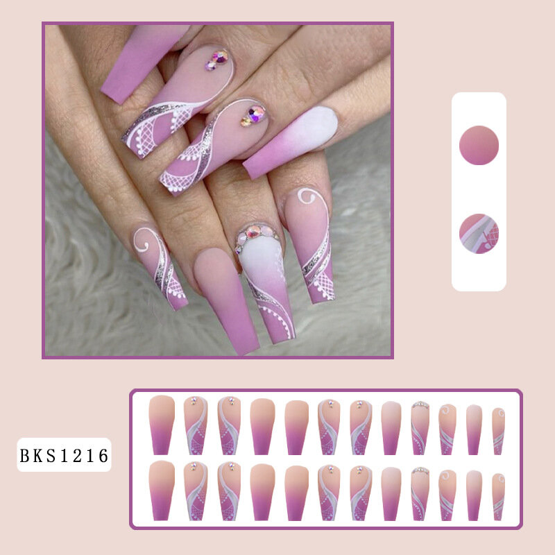 Coffin Press On False Nails Ballet Full Cover XXL Fake Nails Accessories French Diamond Design Rhinestones Wearable Long