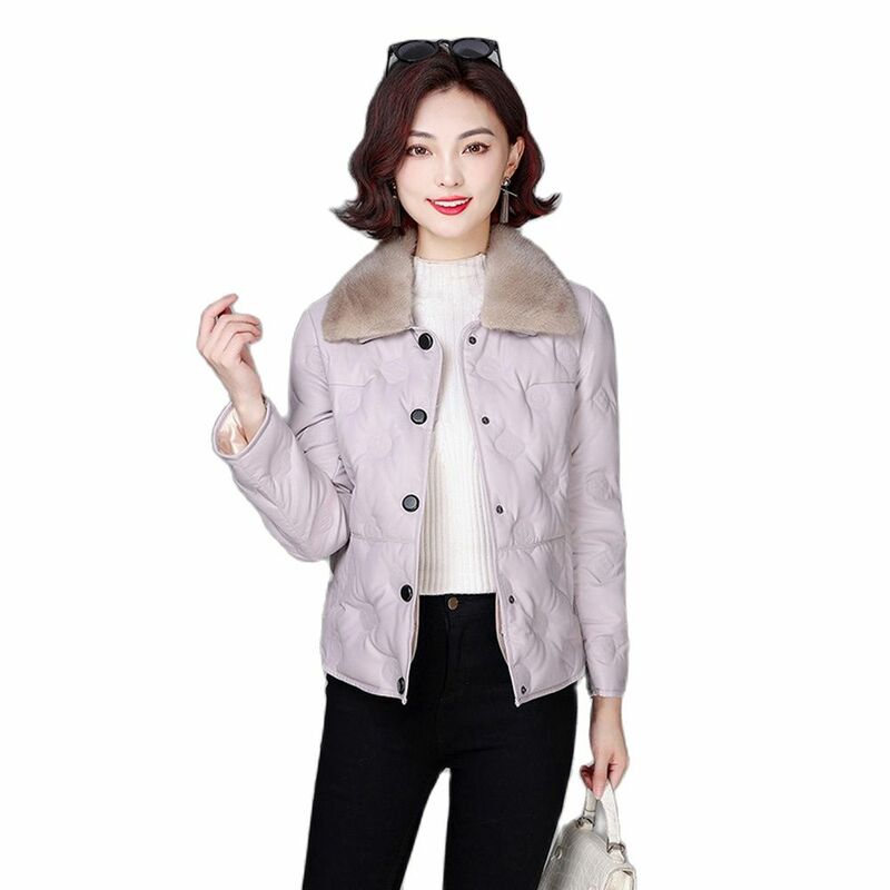 New Women Leather Down Jacket Winter Casual Fashion Warm Mink Fur Collar Pattern Embossing Short Loose Sheep Leather Down Coat