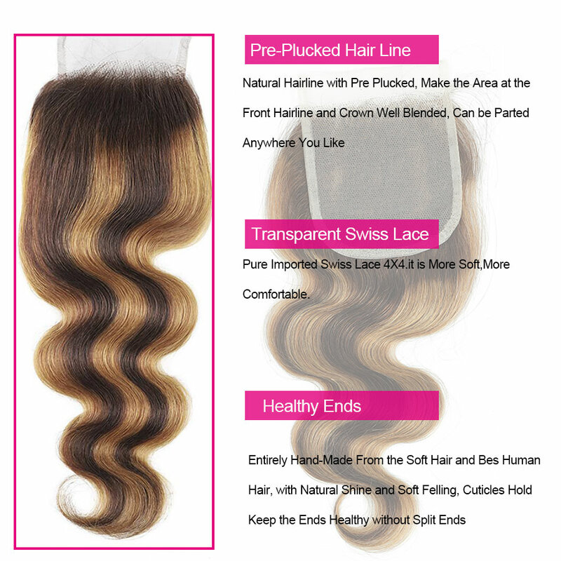 Linhua P4/27 Highlight Body Wave Bundles With Closure Ombre Honey Blonde 3 / 4 Human Hair Bundles With Transparent Closure