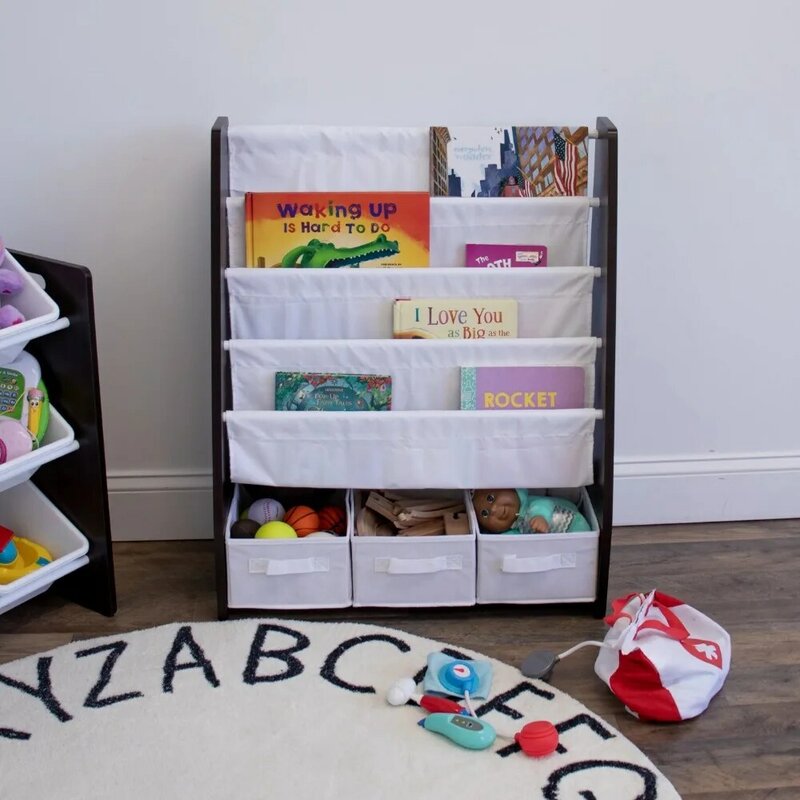 Kids Bookshelf 4 Tier Book Storage and Fabric Bin Organizer, Espresso