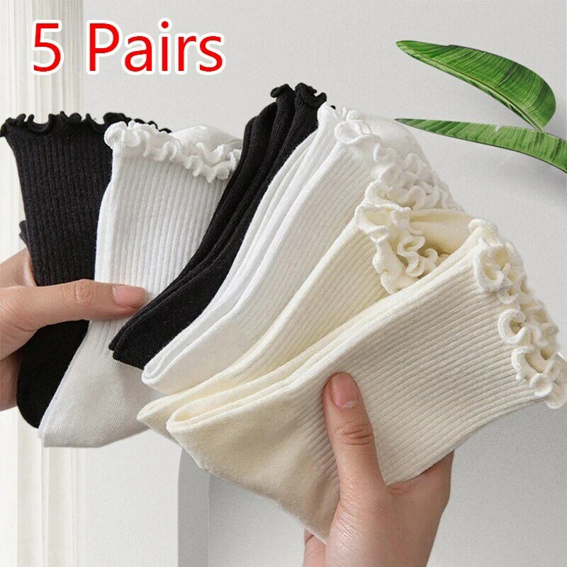 5/10 Pairs /Lot Socks Women Ruffle Cotton Middle Tube Sock Ankle Short Socks Breathable Black White Set Spring Autumn Funny Sock