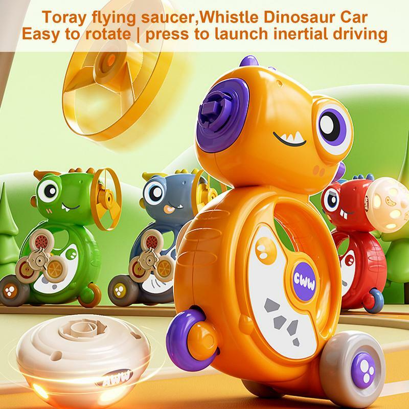 Puxar brinquedos do dinossauro com disco voador, Spinning Top, colisão resistente, apito, presente de aniversário