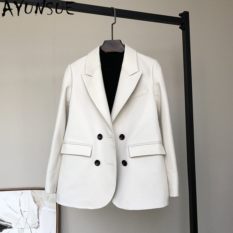 AYUNSUE-Veste en cuir véritable pour femme, vestes à double boutonnage, manteau en peau de mouton véritable, haute qualité, décontracté, élégant