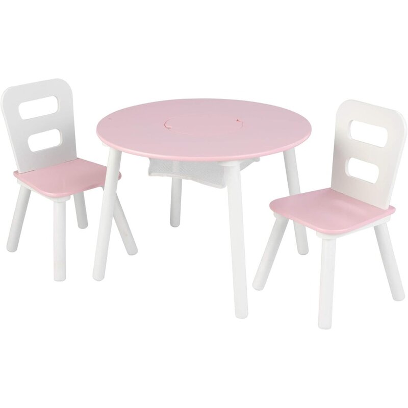Tables et chaises pour enfants, table ronde en bois, ensemble de 2 chaises avec rangement central en maille, rose et blanc