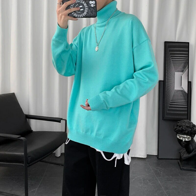 Pullovers masculino gola alta tricô ins pure color all-match ulzzang hip hop faculdade unissex roupas à moda japonês casual básico