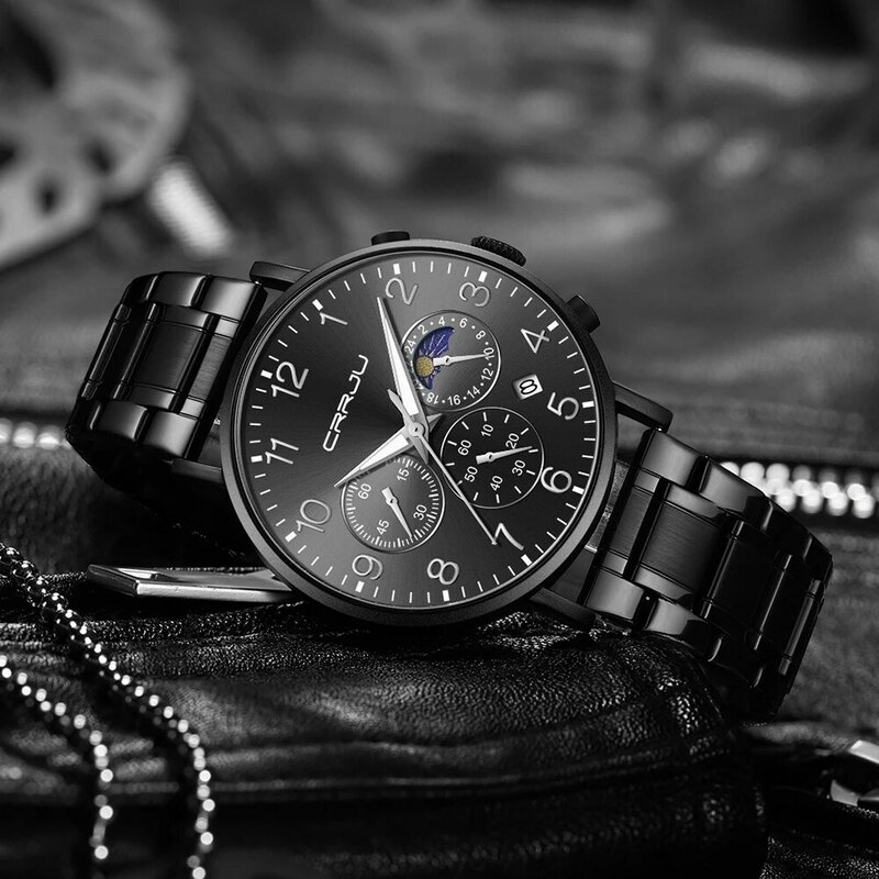 CRRJU Brand Men's Watch Top Brand Luxury Sports Quartz Men's Watch All Steel Waterproof Chronograph Men's Relogio Masculino