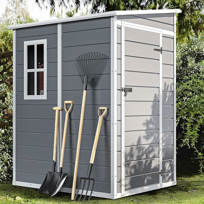 Resin Outdoor Storage Shed with Floor,  Large Storage Shed with Lockable Door & Window, Waterproof Plastic Outside Tool Storage