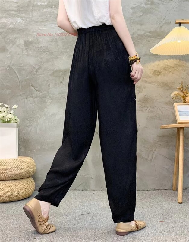 2024 chinese vintage pants national flower embroidered satin jacquard trousers traditional elastic waist folk loose ninth pants