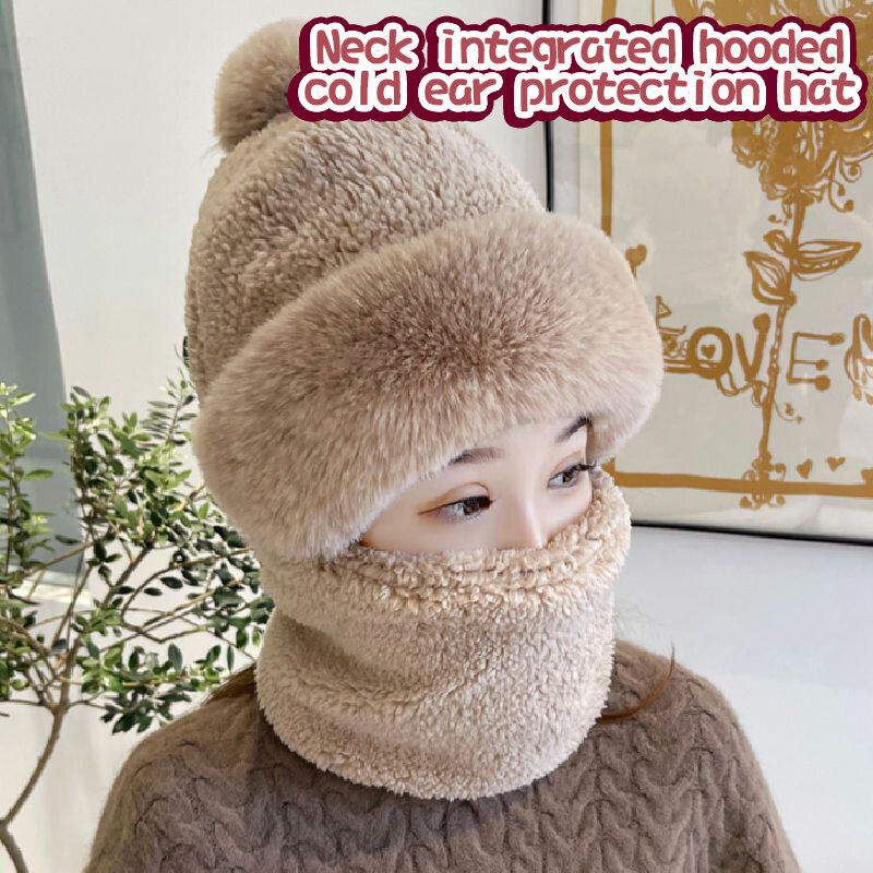 Outdoor Ski Windproof Cap Thickened Plush Fluffy Beanie Neck Scarf Hooded Winter Scarf Set Hooded Women's Plush Scarf Warmth