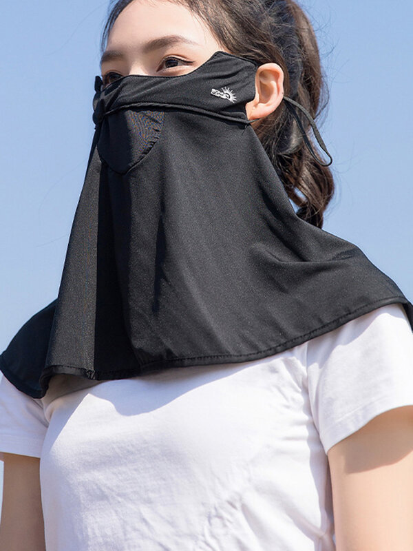 女性用サマーマスク,取り外し可能,太陽用,通気性,細かいカバー付き,アイスシルク,黒,アンチUV