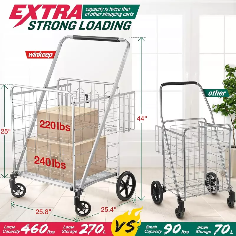Super Capacidade Grocery Cart, 460 lbs Upgrade, Double Cart, Extra Jumbo