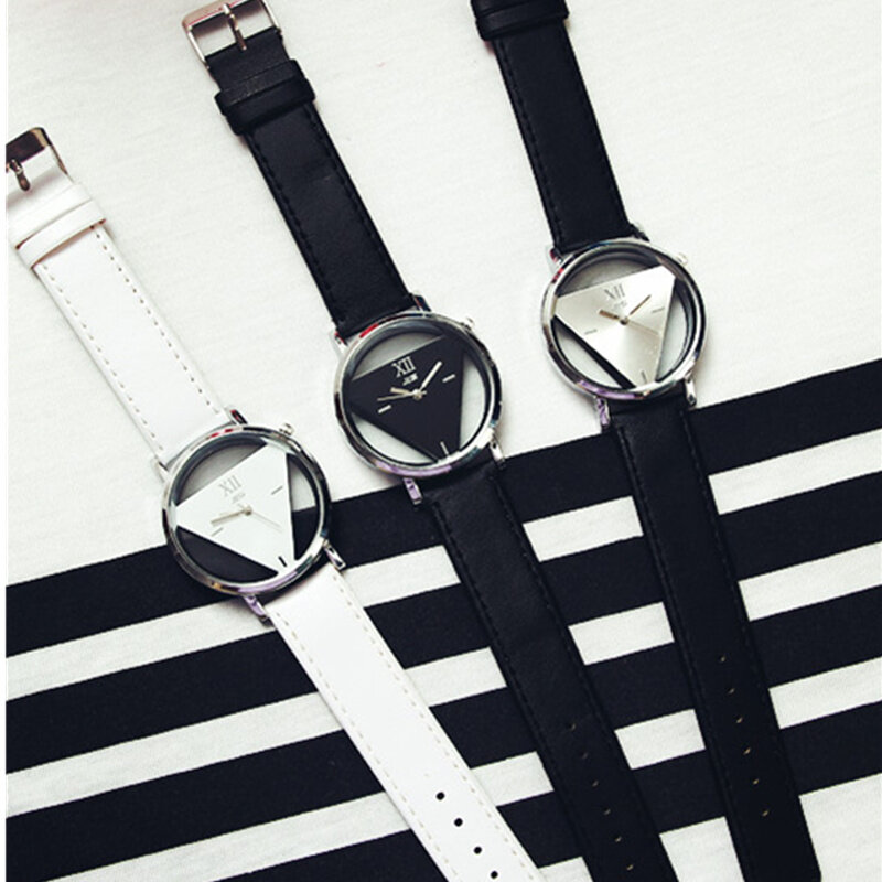 Moda triângulo oco feminino relógios de quartzo simples novidade individualismo criativo relógio de pulso casal preto branco relógio de couro