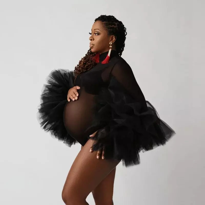 Fotografia ciążowa rekwizyty body bufiasta marszczony rękaw fotografia body czarna sukienka typu See Thru tiul dla kobiet w ciąży