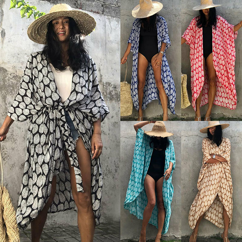 Cardigã feminino estampado de folhas soltas, jaqueta de proteção solar praia, blusa biquíni, maiô, vestido feminino, primavera, moda verão