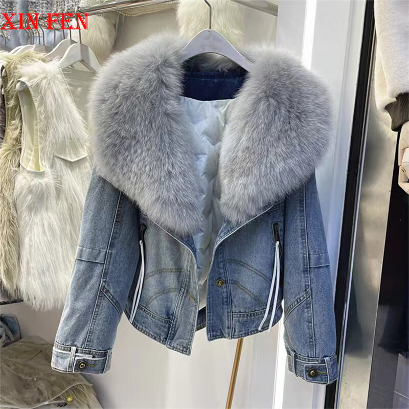 2023 Winter Women New Luxury Natural True Fox Fur Big Collar Goose Down Denim Down Jackets Short Warm Casual  Jacket Coat
