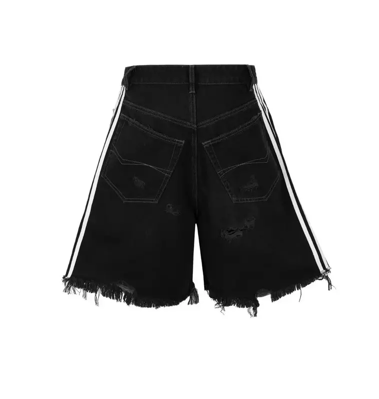 Jeans Hip Hop untuk pria celana pendek Y2k cuci jalanan dengan air hitam Amerika Jeans robek pengemis pakaian longgar baru Rock
