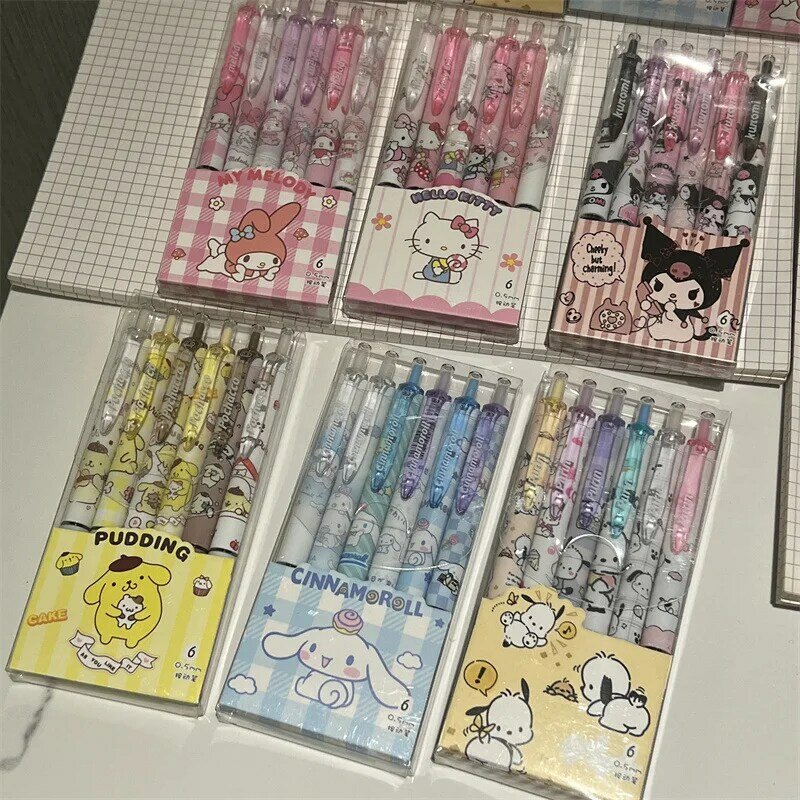 Sanrio Olá Kitty Série Gel Pen, Recarga Y2K Cinnamoroll Kuromi MelodyCartoon Imprensa Pen, Artigos de papelaria preto, 0,55mm, 6Pcs
