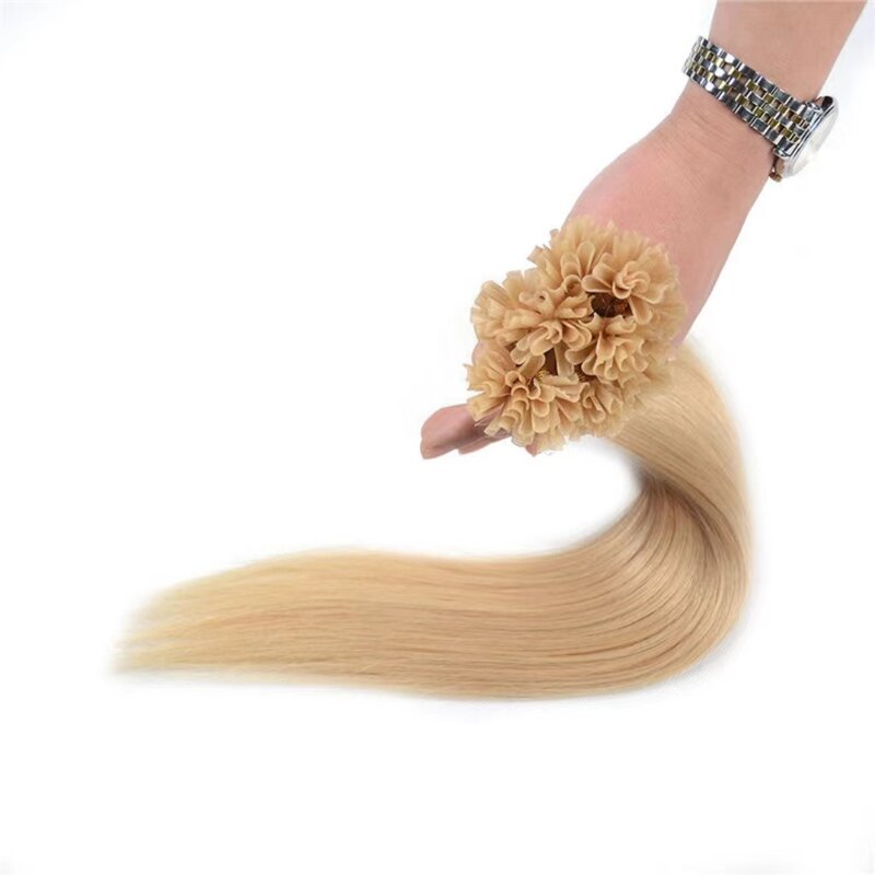 Extensiones de cabello humano brasileño liso con punta en U, cabello de queratina Remy, prepegado, rubio miel, fusión de uñas, n. ° 613