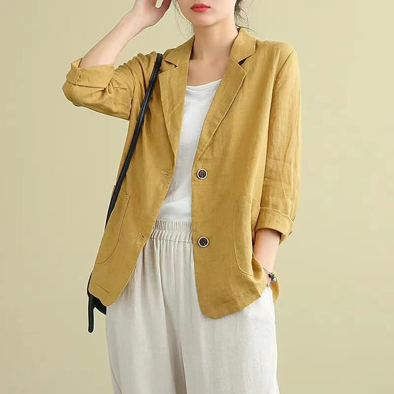 Spring Autumn Cotton Linen Loose Casual Blazers Female Long Sleeve Elegant Fashion Cardigan Suit Women's All-match Coat Jacket