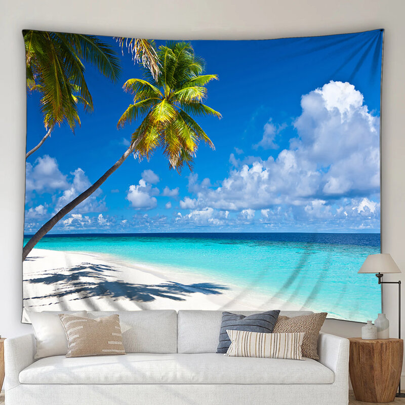 Tapisserie murale de paysage de bord de mer, paysage de plage, plantes tropicales, décoration de maison moderne, salon, dortoir, jardin