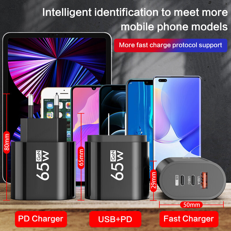 65W GaN USB C Fast Charging 3 Ports Quick Charger 3.0 Mobile Phone Adapter For iPhone 15 Xiaomi Samgsung Portable Wall Charger