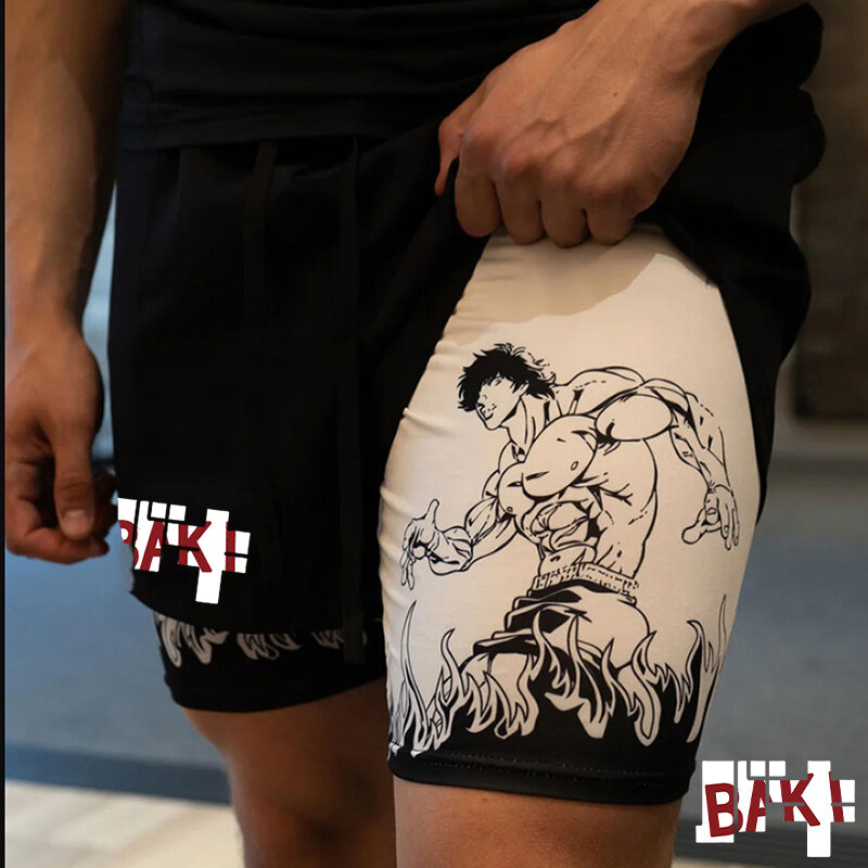 Pantalones cortos de Anime Hanma Baki para hombre, Shorts deportivos informales de secado rápido para correr, trotar y actuaciones, 2 en 1